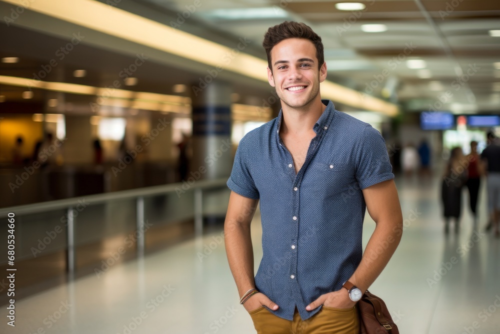 Portrait of a happy man in his 20s donning a classy polo shirt against a bustling airport terminal. AI Generation Portrait of a happy man in his 20s donning a classy polo shirt against a bustling airport terminal. AI Generation