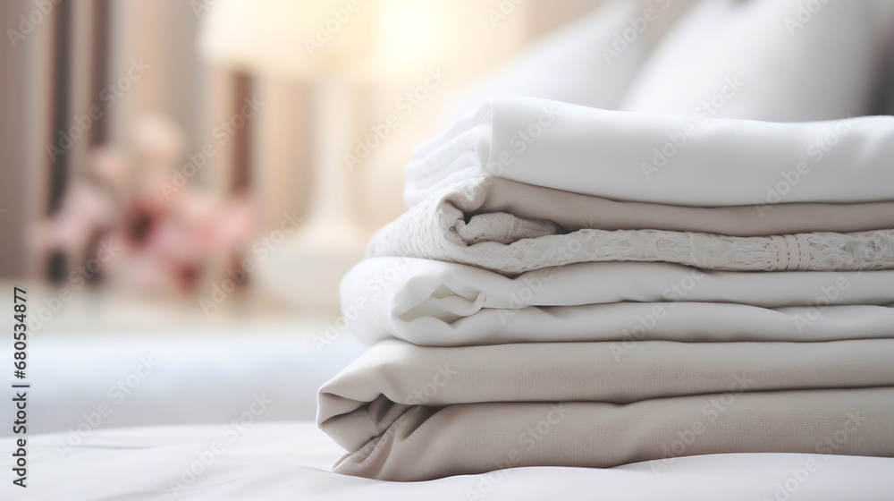 Generative AI : Stack of clean bedding sheets on blurred laundry room background - obrazy, fototapety, plakaty 