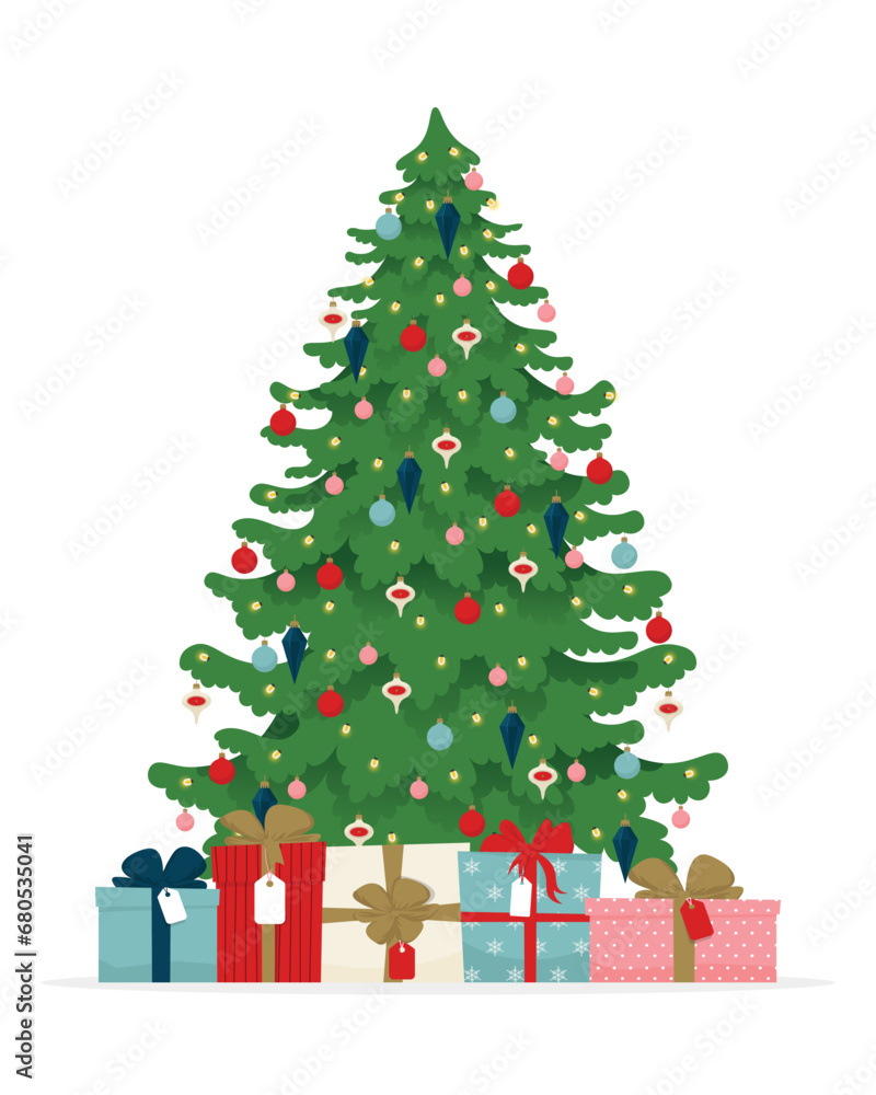 Decorated Christmas tree with gift boxes, lights, and decoration balls. Flat style vector illustration. Decorated Christmas tree with gift boxes, lights, and decoration balls. Flat style vector illustration.