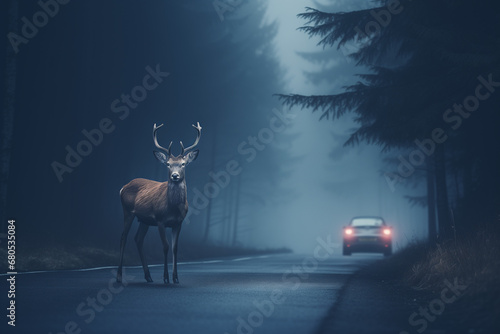 Deer standing on the road near the forest on a misty. Road hazards, wildlife and transport © Nii_Anna