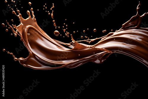 Melted chocolate splash, tasty chocolate wave floating in mid air isolated on dark background, close up shot, food background.