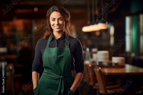 A joyful woman in rich dark emerald and navy hues exudes the essence of consumer culture.