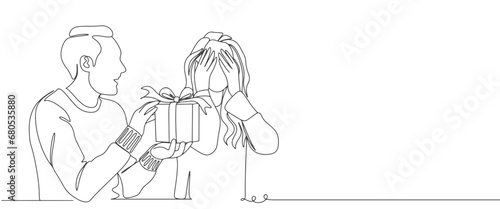 line art drawing of couple holding gift box with ribbon. line art of birthday surprise and christmas box. Vector illustration