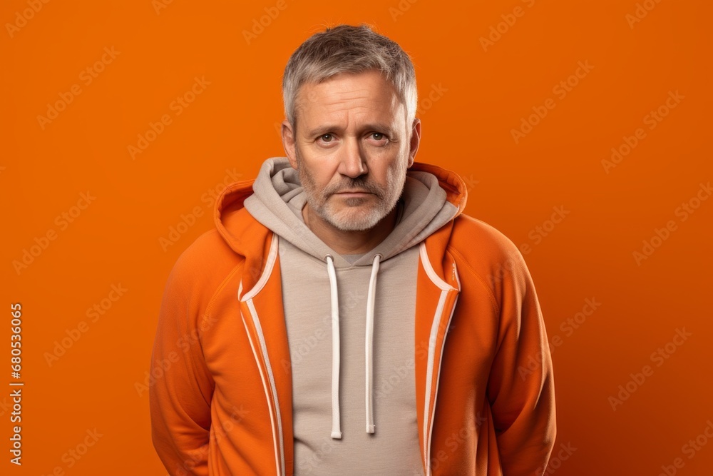 Portrait of a glad man in his 50s wearing a zip-up fleece hoodie against a pastel orange background. AI Generation Portrait of a glad man in his 50s wearing a zip-up fleece hoodie against a pastel orange background. AI Generation