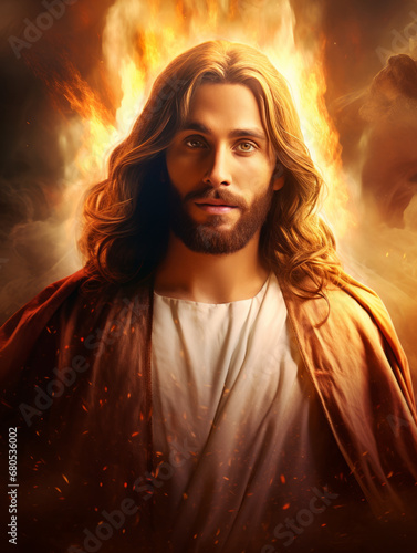 Christian Jesus with a strong facial expression surrounded by fire and light.