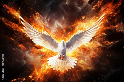 A dove flying in flames in the style of religious subjects  presenting vivid imagery.
