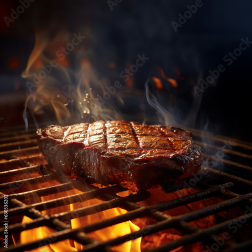 Steak sizzles on the grill, flames dancing in the background, styled with luminous shadows and realistic attention to detail.
