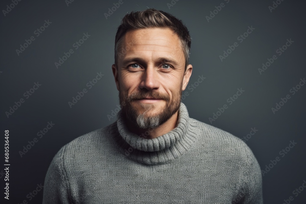Portrait of a glad man in his 30s wearing a cozy sweater against a pastel gray background. AI Generation Portrait of a glad man in his 30s wearing a cozy sweater against a pastel gray background. AI Generation