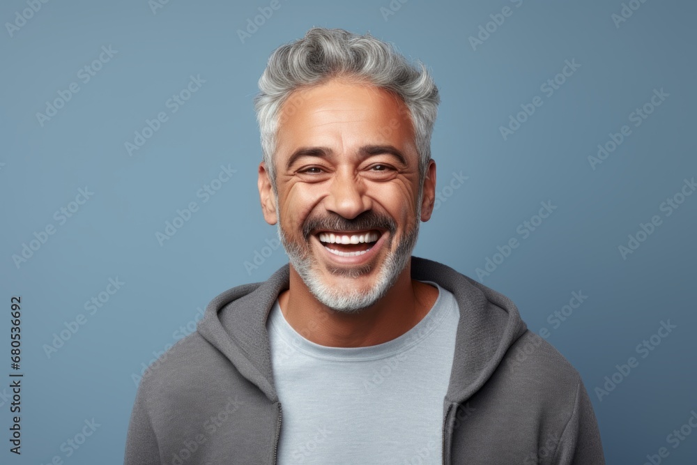 Portrait of a joyful man in his 50s wearing a zip-up fleece hoodie against a pastel gray background. AI Generation Portrait of a joyful man in his 50s wearing a zip-up fleece hoodie against a pastel gray background. AI Generation