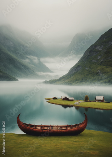 illustrazione di barca per la pesca tirata in secco, paesaggio verdeggiante di un fiordo tra alti monti e nebbie autunnali photo