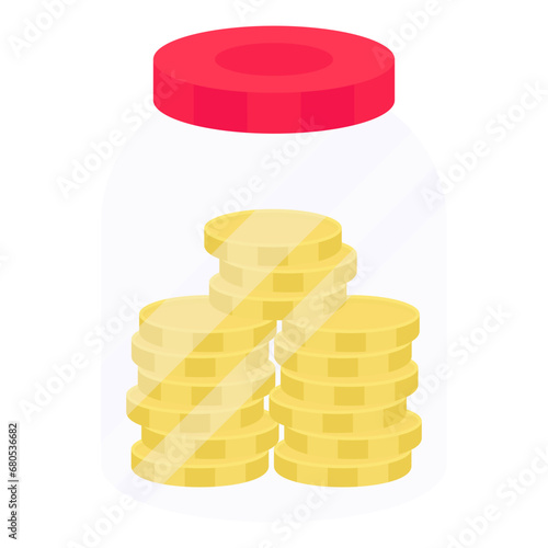 Dollar insider glass bottle, flat design of money jar

