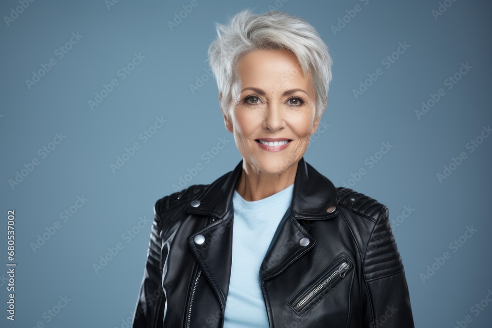 Portrait of a glad woman in her 50s sporting a classic leather jacket against a soft blue background. AI Generation Portrait of a glad woman in her 50s sporting a classic leather jacket against a soft blue background. AI Generation