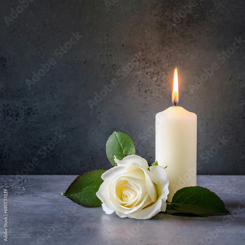  Sympathy card with white candle and white rose on dark background.with copy space
