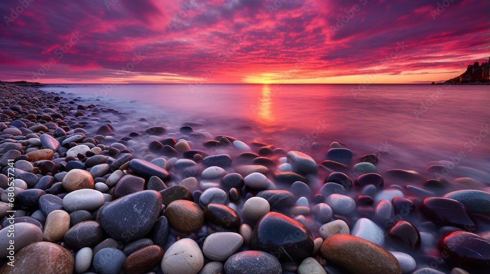 Obraz premium Tranquil Sunset Reflection on Calm Ocean generated by AI tool