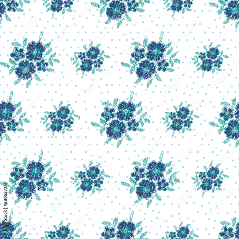 Seamless pattern with fantasy embroidery flowers pattern with white background. winter indigo blue flower cyan green leaf with polka dot background. Seamless pattern with fantasy embroidery flowers pattern with white background. winter indigo blue flower cyan green leaf with polka dot background.