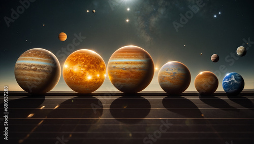 A celestial ballet of a perfectly aligned solar system, where planets harmoniously form a captivating row in the cosmic dance - AI Generative photo