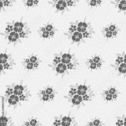 Seamless pattern with fantasy embroidery flowers pattern with white background.summer dark gray flower light gray leaf with polka dot background. Simple black and white flower pattern.