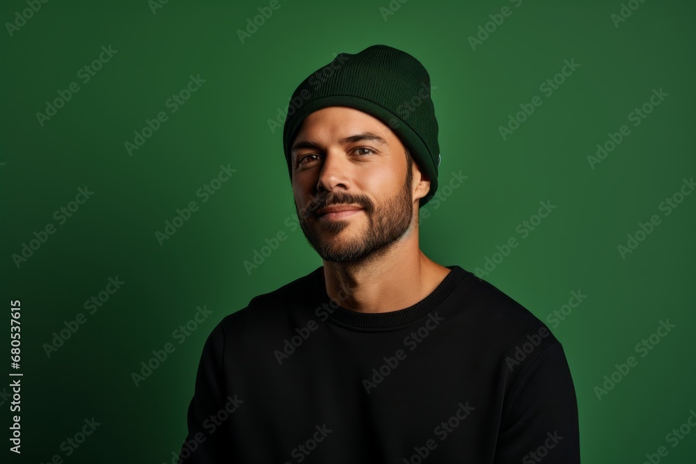 Portrait of a tender man in his 30s sporting a trendy beanie against a soft green background. AI Generation Portrait of a tender man in his 30s sporting a trendy beanie against a soft green background. AI Generation