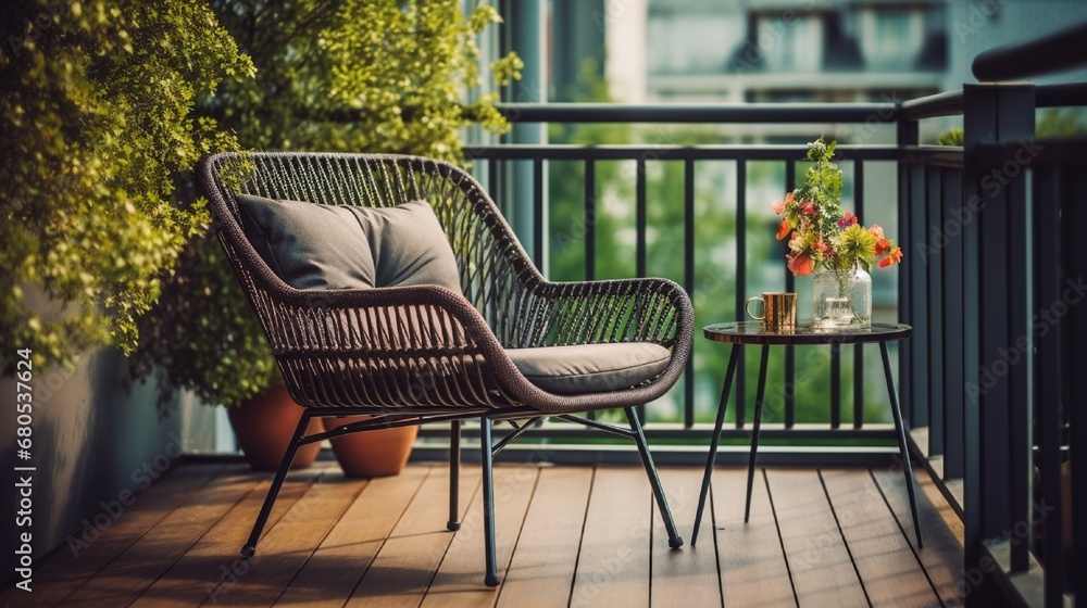Deserted Chair on balcony with Relaxing Plants generated by AI tool