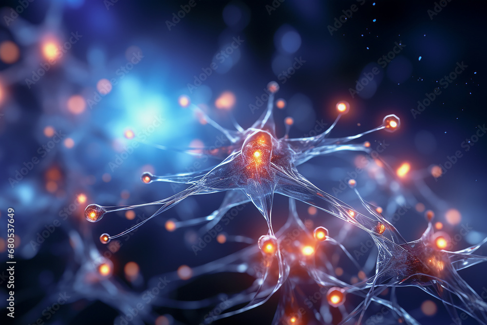 3d rendering of neuron cell with glowing light in dark space, computer generated background