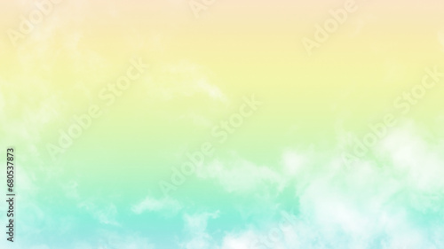 Pastel blue green yellow and orange sky with white fluffy cloud. Soft cloudscape sky. 