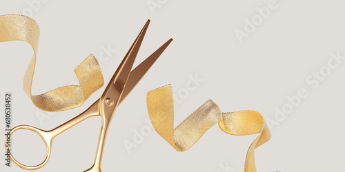 Golden scissors cut the gold ribbon on the fly. Store opening 3d rendering concept photo