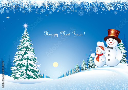 Christmas card with fir tree and snowmen on backdrop of winter snowy landscape. Festive background, banner for winter holidays. Vector illustration © Sergey Kishan