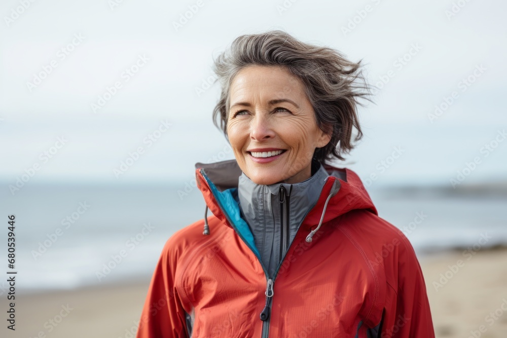 Portrait of a happy woman in her 50s wearing a windproof softshell against a serene seaside background. AI Generation Portrait of a happy woman in her 50s wearing a windproof softshell against a serene seaside background. AI Generation