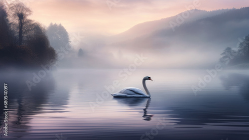 White swan swimming on misty lake. Early morning sunrise. Foggy morning at dawn. © ekim