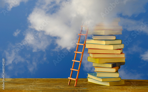 The dream of proper Education books  ladder of success leading to a cloudy sky. Learning knowledge humanism. personal development. Free copy space