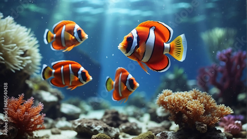 Beautiful colorful sea fish live in an aquarium among various algae and corals. Rare fish species in the aquarium.  © Muhammad