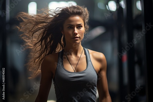 Woman engaged in an intense workout with a modern, well-equipped gym