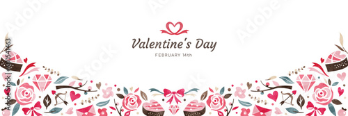 バレンタインの水彩背景バナー バラの花やプレゼントの飾り枠