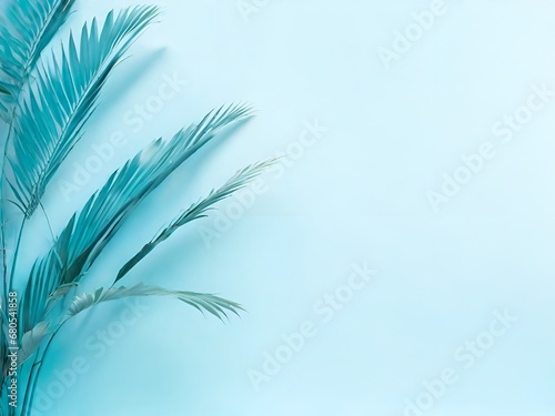 urquoise palm leaves on blue background. Flat lay, top view. AI. photo