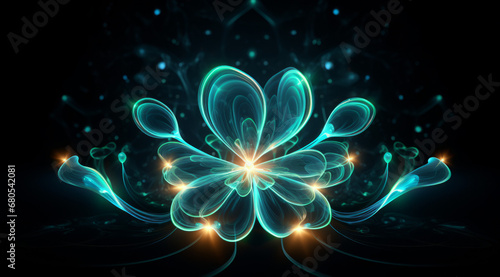 A symmetrical neon blue floral shape with a glowing center on a dark background.