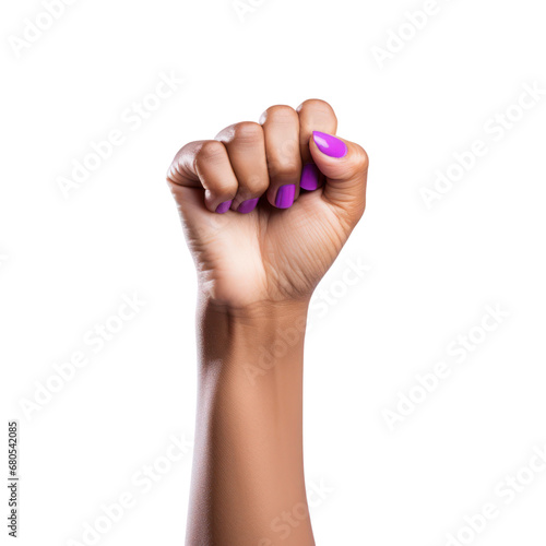 Women day, female raised fist isolated on white transparent background. Feminist movement concept. PNG