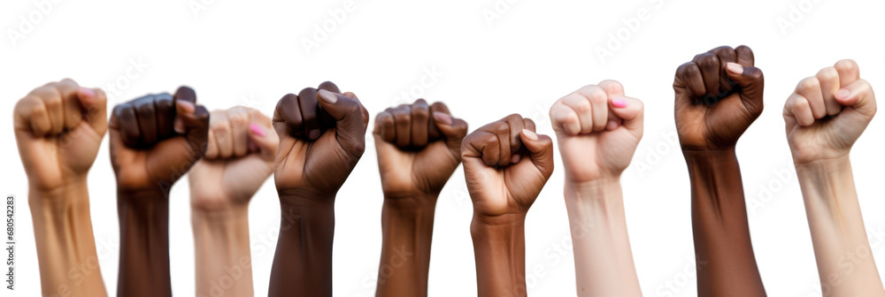 Women day, female raised fists isolated on white transparent background