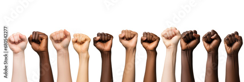 Women day, female raised fists isolated on white transparent background. Feminist movement concept. PNG