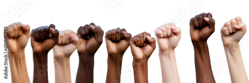 Women day, female raised fists isolated on white transparent background. Feminist movement concept. PNG photo