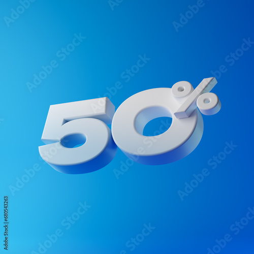White fifty percent or 50 % isolated over blue background. 3D rendering.