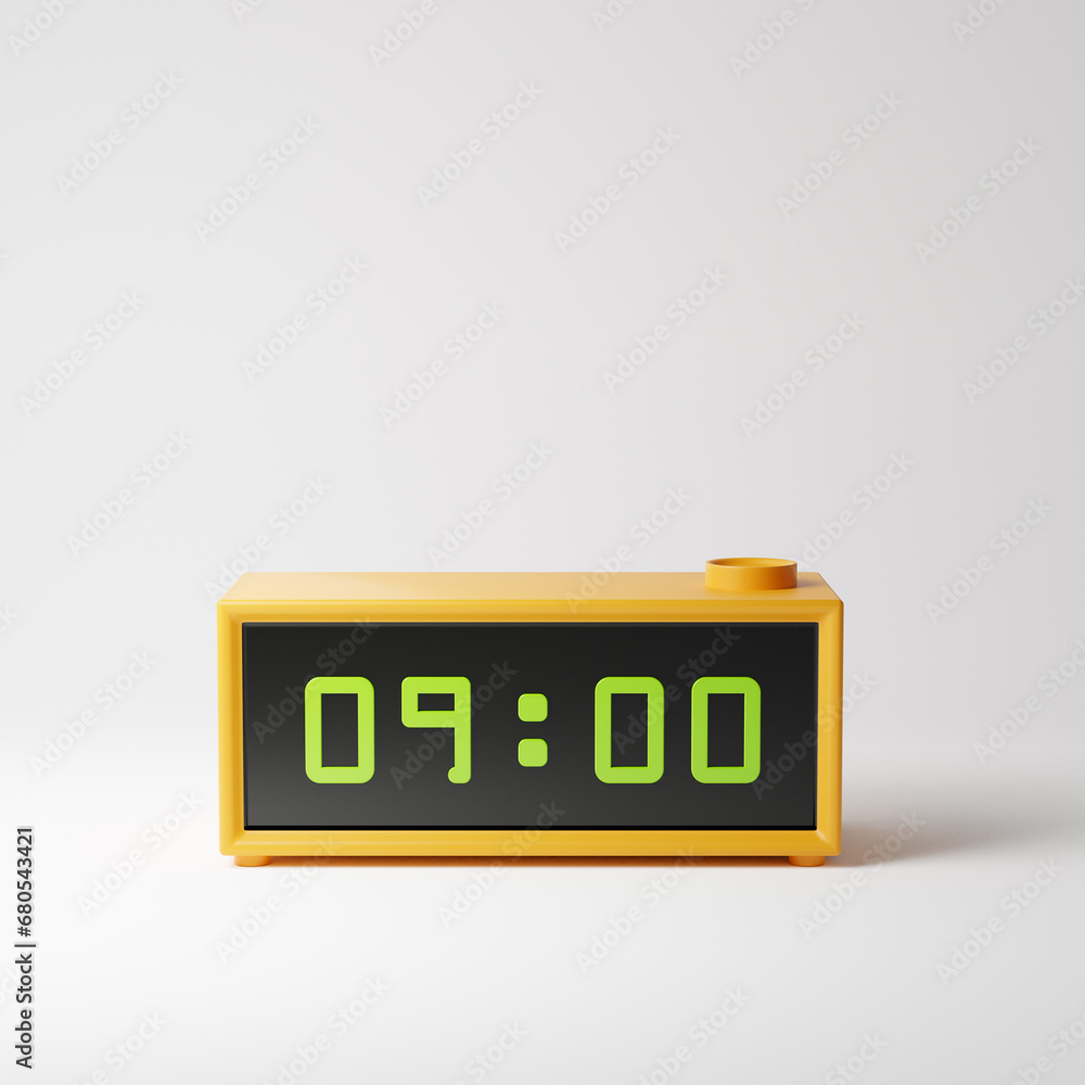 Yellow digital alarm clock with green digits isolated over white background. 3D rendering. Yellow digital alarm clock with green digits isolated over white background. 3D rendering.
