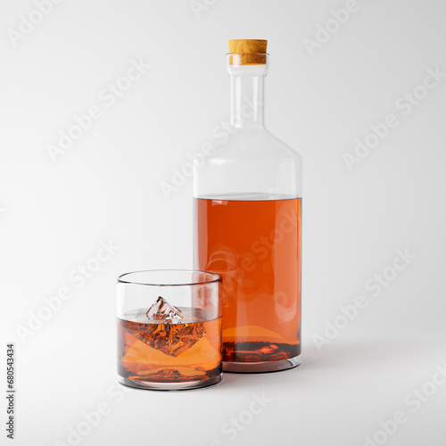 Bottle and glass of scotch whiskey with ice isolated over white background. 3D rendering.