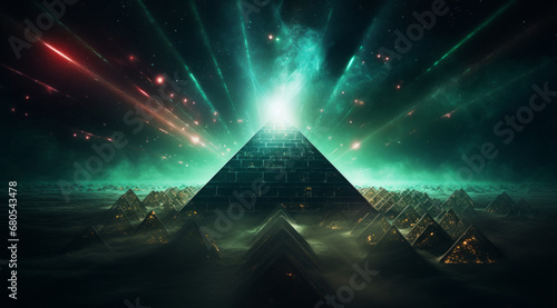 Mysterious green glowing pyramids under a cosmic sky filled with stars and aurora.
