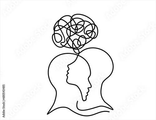 Concept of confusion in the head. Continuous One line drawing. Problems stress illness and depression concept