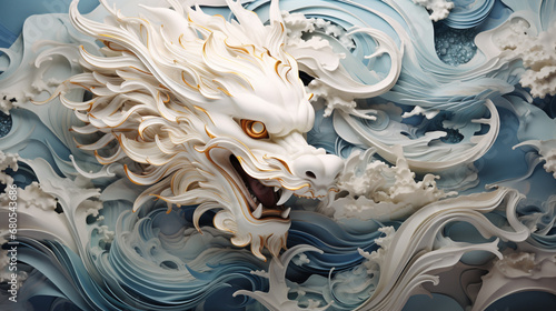 Chinese style traditional dragon illustration flying through the clouds. This dragon is famous in Chinese folklore and culture. photo