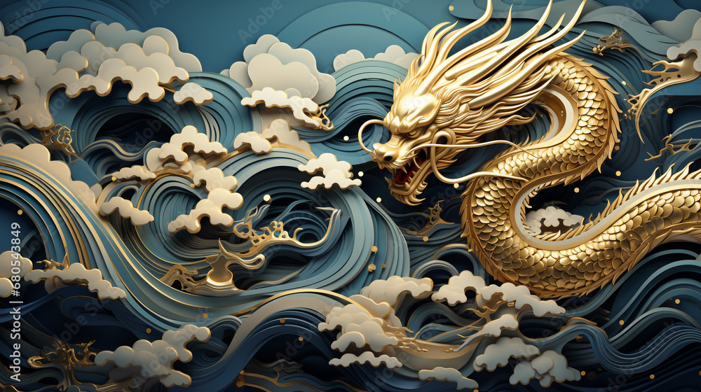 Chinese style traditional dragon illustration flying through the clouds. This dragon is famous