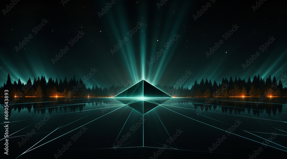 Mysterious green glowing pyramid under a cosmic sky filled with stars and aurora.