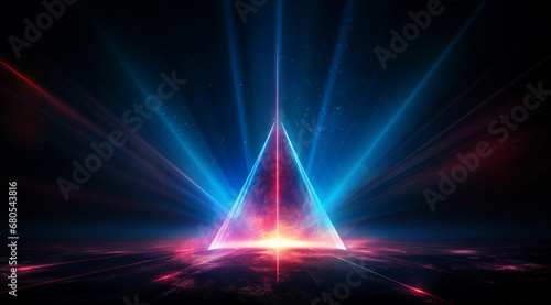 Neon blue light shines behind an abstract formation of an alien pyramid structure.