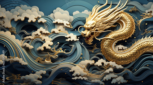 Fotografering Chinese style traditional dragon illustration flying through the clouds