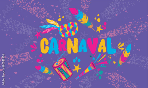 Carnival with mask, drum, vuvuzela and feathers on purple background. Banner for holiday celebration, masquerade or carnival party invitation. Flat vector illustration.
